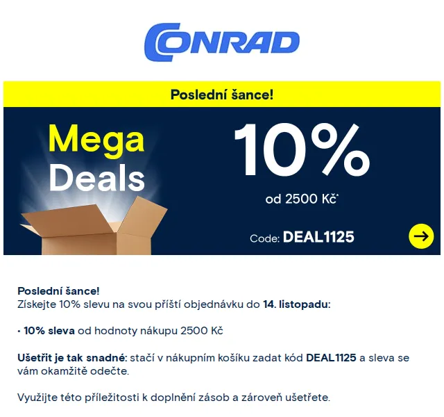 Conrad Electronic: 10% sleva na objednávku nad 2500 Kč – červen 2026 | Nuslet.cz