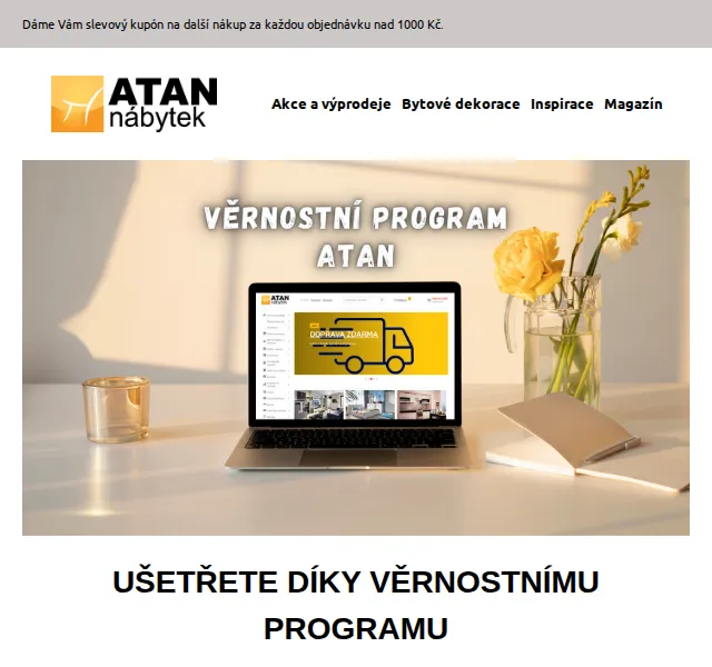 ATAN nábytek: Věrnostní program se slevou na další nákup od 1 000 Kč – květen 2026 | Nuslet.cz