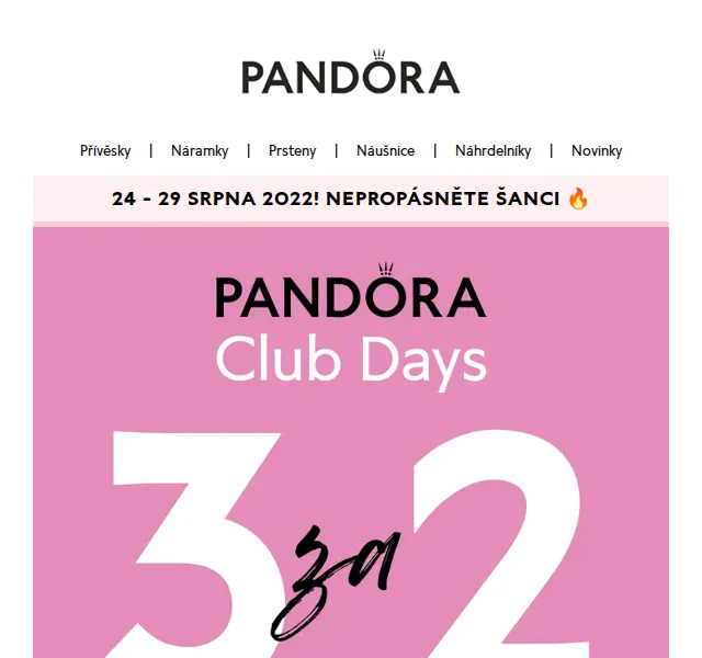 Pandora: 3 za 2 a 50% sleva v Club Days – srpen 2022 | Nuslet.cz