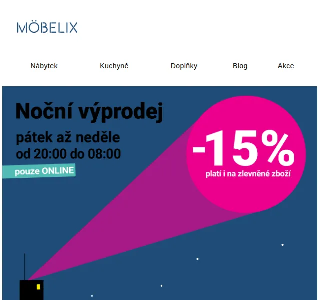 Möbelix: Noční výprodej – sleva 15 % na nábytek – červen 2026 | Nuslet.cz