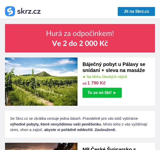 Skrz.cz: Pobyty pro dva do 2000 Kč – červen 2026 | Nuslet.cz