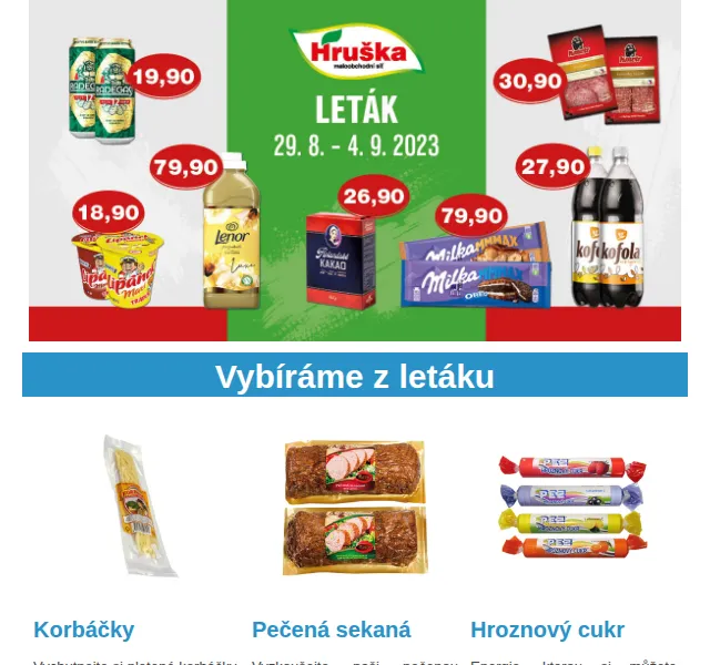 Váš HRUŠKA tým: Pečená sekaná 47,90 Kč, Korbáčky 28,90 Kč – červen 2026 | Nuslet.cz