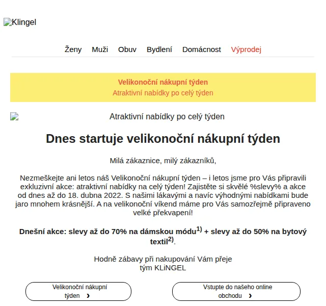 KLiNGEL: Velikonoční slevy až 70 % na módu + 50 % na textil – duben 2022 | Nuslet.cz