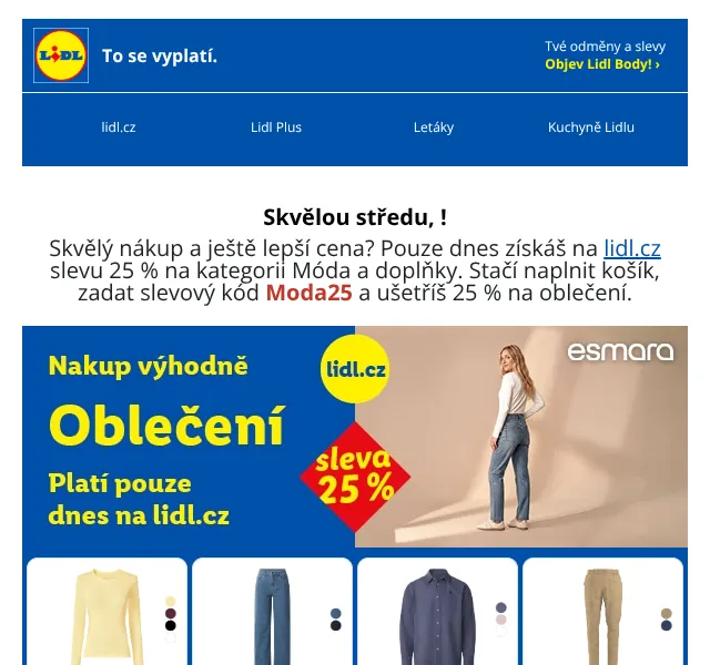 Lidl: sleva 25 % na módu – slevový kód – září 2026