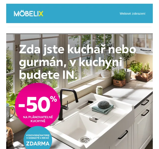 Möbelix: Kuchyně -50% + baterie ZDARMA – červen 2026