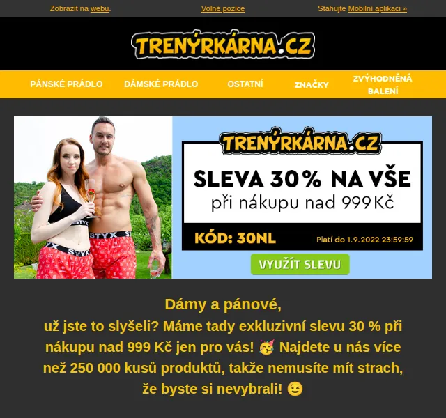 Trenýrkárna: Sleva 30 % na vše při nákupu nad 999 Kč – červen 2026 | Nuslet.cz