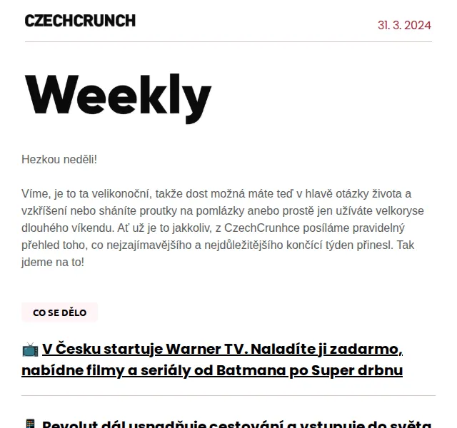 CzechCrunch: Warner TV, Revolut eSIM – červenec 2026 | Nuslet.cz