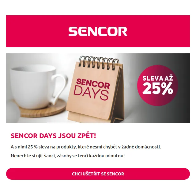 Sencor: Dvojitá sleva 25 % + Podzimní výprodej až -50 % – červen 2026 | Nuslet.cz