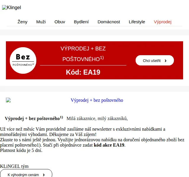 KLiNGEL: Výprodej + doprava zdarma s kódem EA19 – červen 2026 | Nuslet.cz