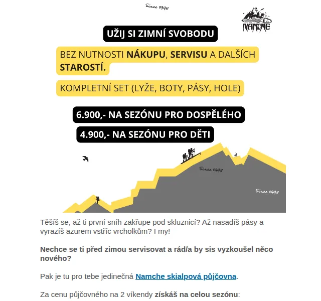 Namcheshop: skialpová půjčovna na sezónu od 6 900 Kč – červen 2026 | Nuslet.cz