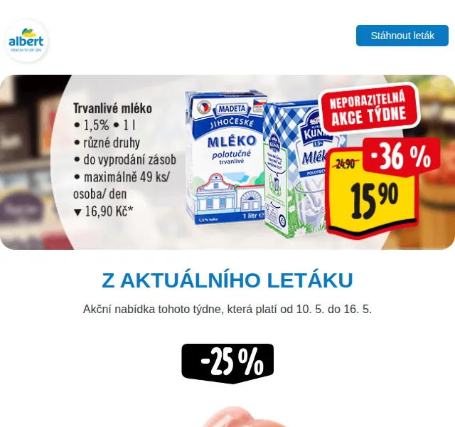Albert: Kuřecí prsa 139,90 Kč/kg, máslo 42,90 Kč – červen 2026 | Nuslet.cz