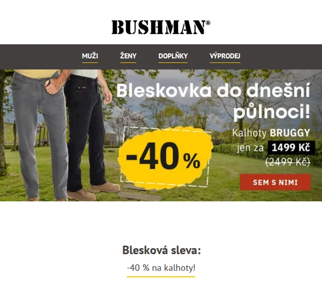 BUSHMAN: blesková sleva -40 % na kalhoty – červen 2026 | Nuslet.cz