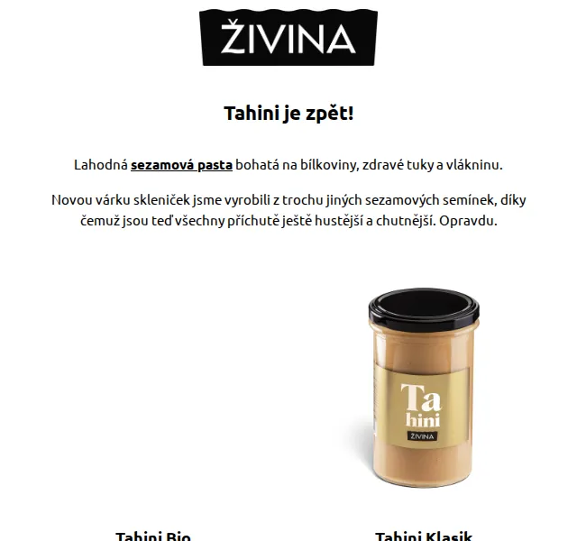 Živina: Tahini sezamová pasta od 99 Kč – červenec 2026 | Nuslet.cz