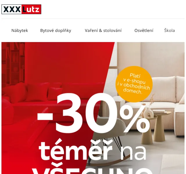 XXXLutz: sleva 30 % na nábytek a doplky – září 2026