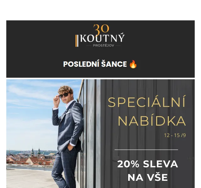 Koutný spol. s r.o.: 20% sleva na obleky a saka – červen 2026 | Nuslet.cz