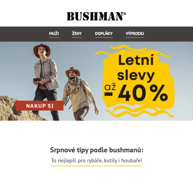 BUSHMAN: Letní výprodej až 40 % – červen 2026 | Nuslet.cz