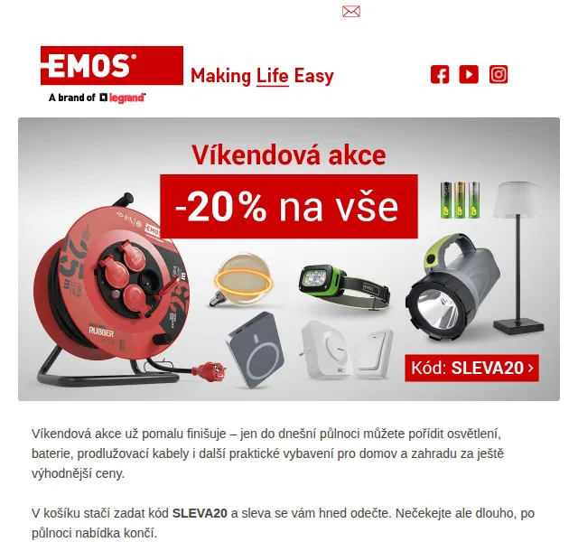 EMOS.cz: Sleva 20 % na osvětlení a baterie – srpen 2026