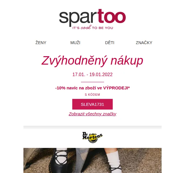 Spartoo.cz: -60% na Dr Martens, Columbia, Geox – červen 2026 | Nuslet.cz