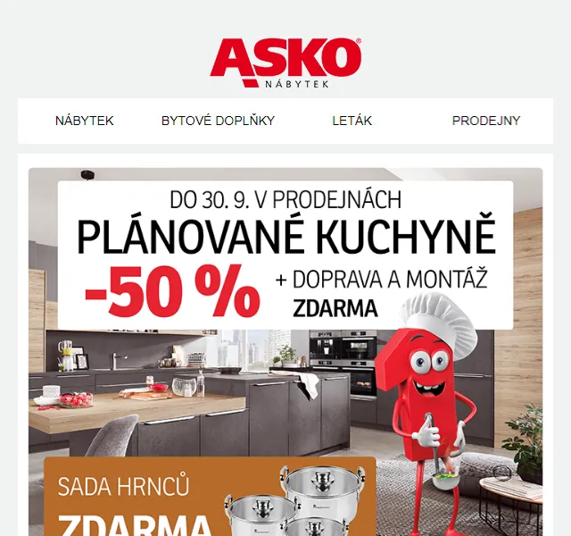 Asko Nábytek: -50 % na kuchyně na míru – červen 2026 | Nuslet.cz