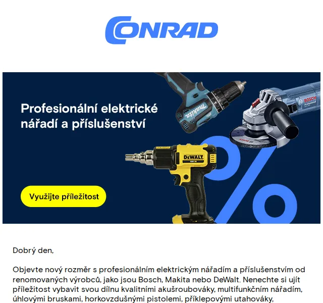 Conrad Electronic: Profesionální nářadí Bosch, Makita, DeWalt – slevy až 27 % | červen 2026 | Nuslet.cz
