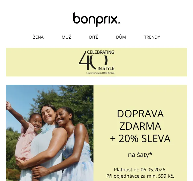 Bonprix: 20 % sleva na šaty + doprava zdarma – květen 2026