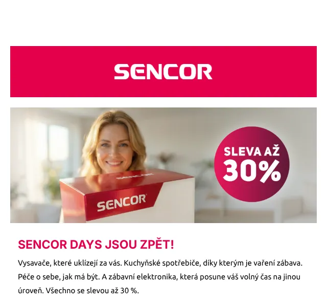 Sencor: Sencor Days až –30 % na vysavače a kuchyň – květen 2026