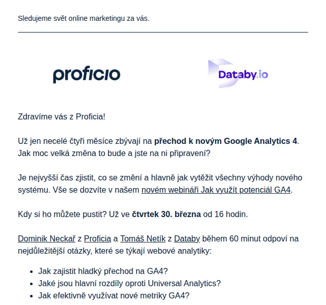 PROFICIO tým: Webinář GA4 – březen 2026 | Nuslet.cz