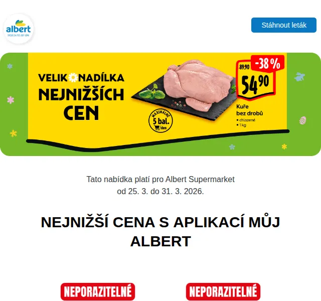 Albert: Kuře za 54,90 Kč, Kinder Surprise 14,90 Kč – březen 2026 | Nuslet.cz