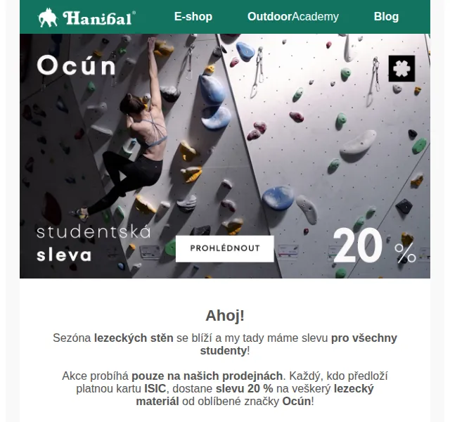 Hanibal.cz: Sleva 20 % na Ocún pro studenty – červen 2026 | Nuslet.cz