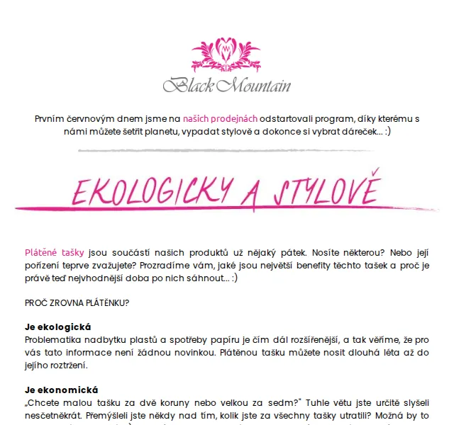 Black Mountain: Plátěné tašky a eko program – červen 2026 | Nuslet.cz