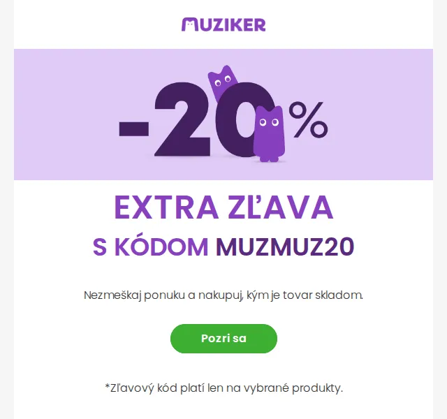 Muziker: sleva až 20 % s kódem MUZMUZ20 – červen 2026 | Nuslet.cz