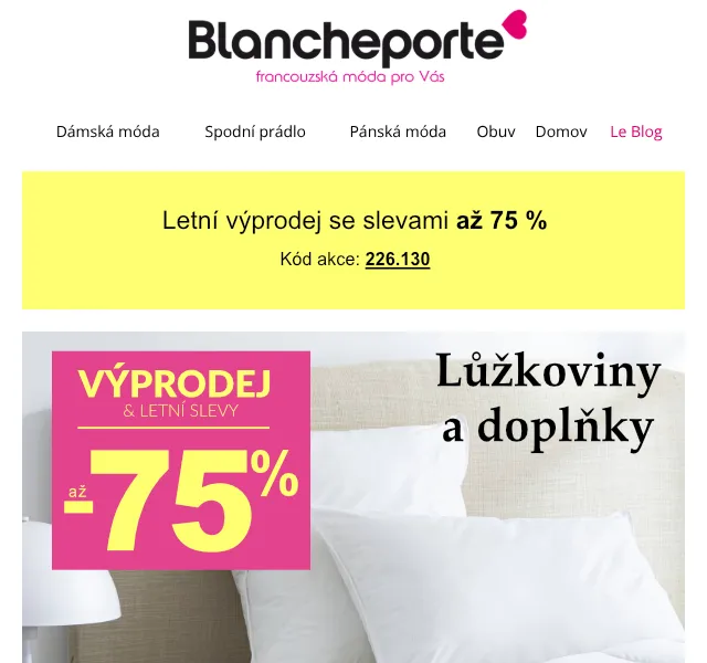 Blancheporte: Až -75 % na bytový textil – červenec 2026