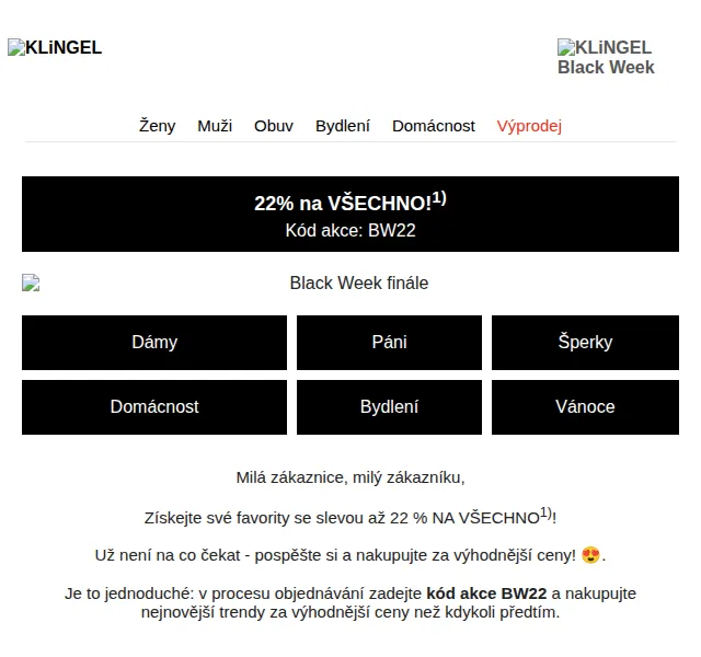 KLiNGEL: 22% sleva na vše v Black Week finále – červen 2026 | Nuslet.cz