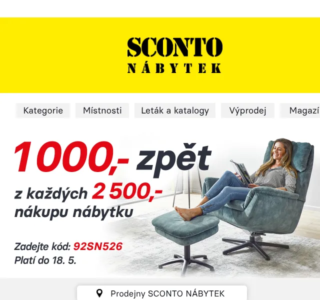 Sconto: Sleva 1000 Kč z každých 2500 Kč na nábytek – květen 2026 | Nuslet.cz