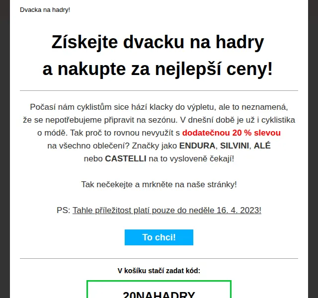 czbikero: Dodatečná sleva 20 % na oblečení – červen 2026 | Nuslet.cz