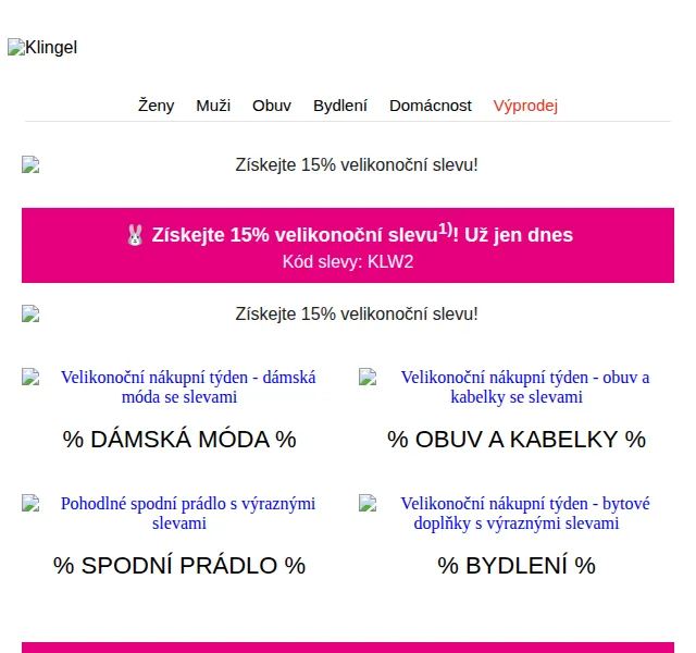 KLiNGEL: Velikonoční sleva 15 % na vše – květen 2026 | Nuslet.cz