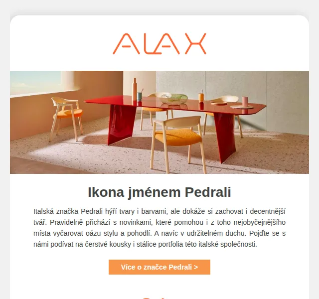 ALAX nábytek: Sleva 10 % na značku Pedrali – červen 2026 | Nuslet.cz
