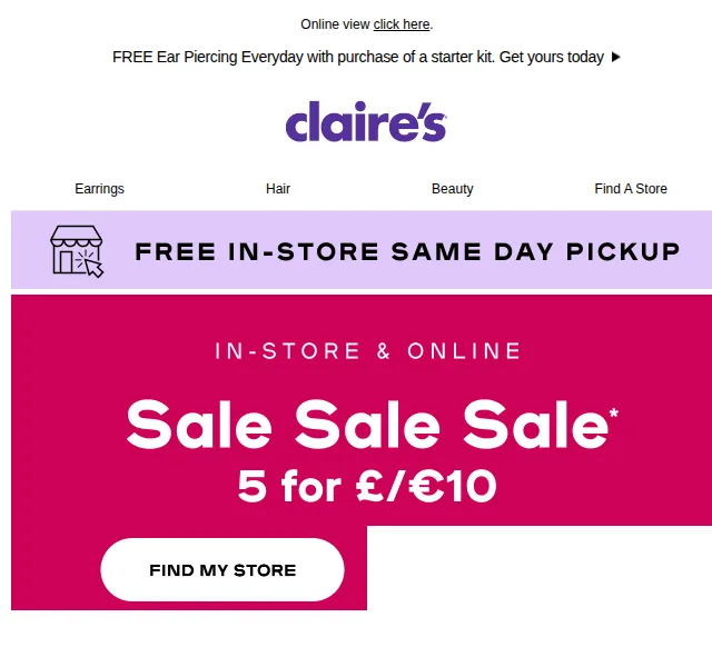 Claire's: Extra 25% sleva + až 50 % na vše – červen 2026 | Nuslet.cz