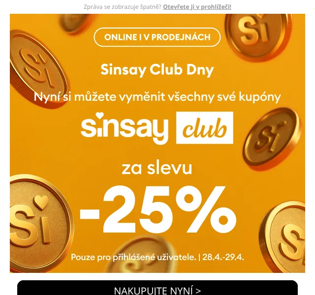 Sinsay: Sleva -25 % na kupóny Club – duben 2026