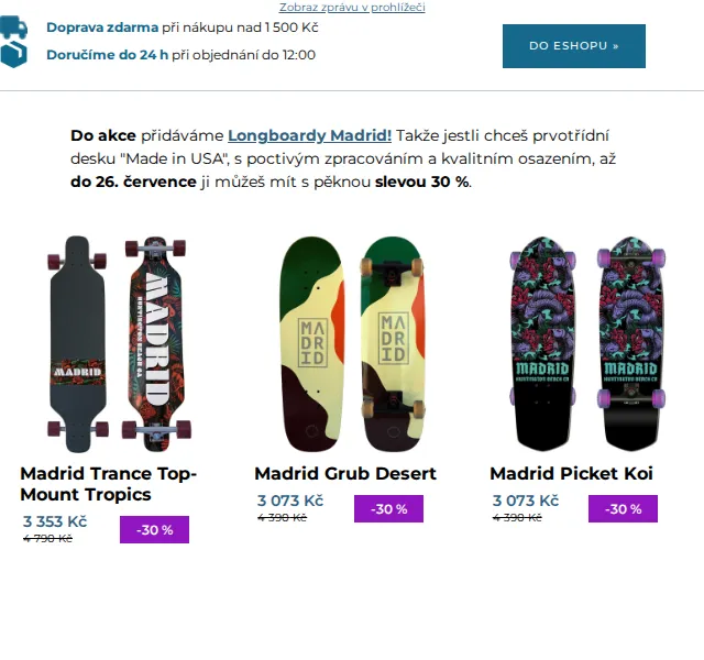 SNOWBOARD ZEZULA: Sleva 30 % na longboardy Madrid – červen 2026 | Nuslet.cz