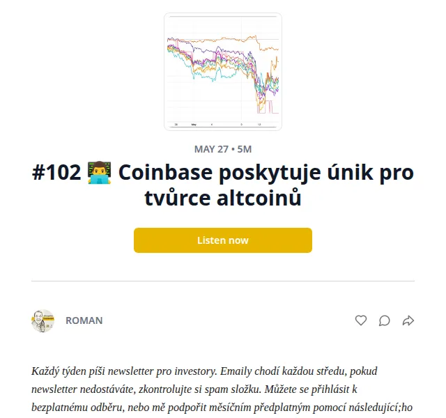 Substack: Coinbase top 10 picks – červen 2026 | Nuslet.cz