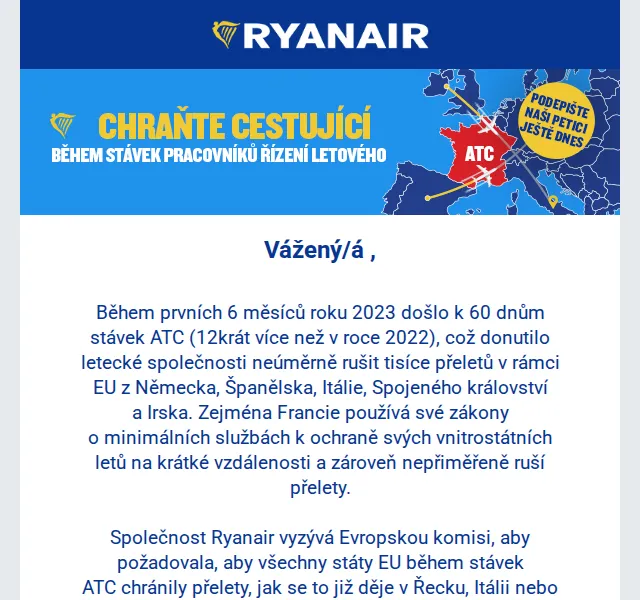 Ryanair: Petice za ochranu přeletů při stávkách ATC – červen 2026 | Nuslet.cz