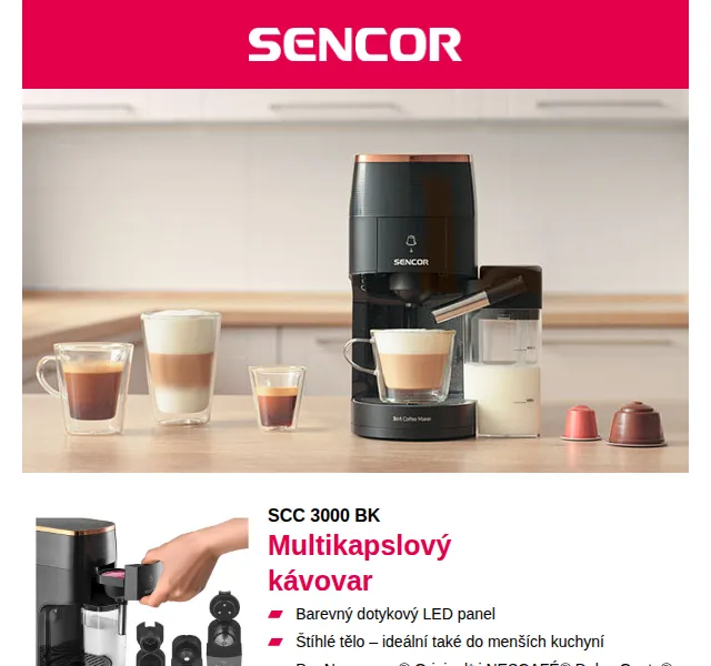 Sencor: Multikapslový kávovar SCC 3000 BK a fritéza SFR 9650 BK – červenec 2026 | Nuslet.cz