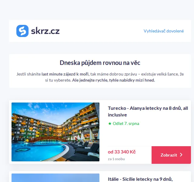 Skrz: Last minute dovolená od 11 999 Kč – srpen 2026 | Nuslet.cz