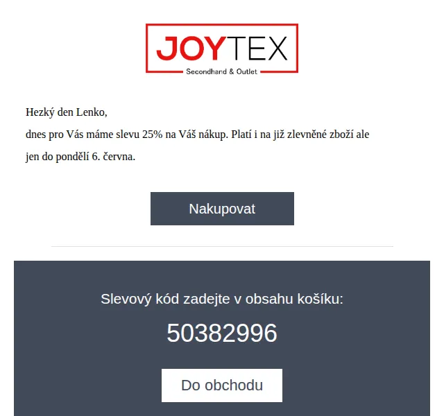 Joytex.shop: Sleva 25 % na další nákup – červen 2026 | Nuslet.cz