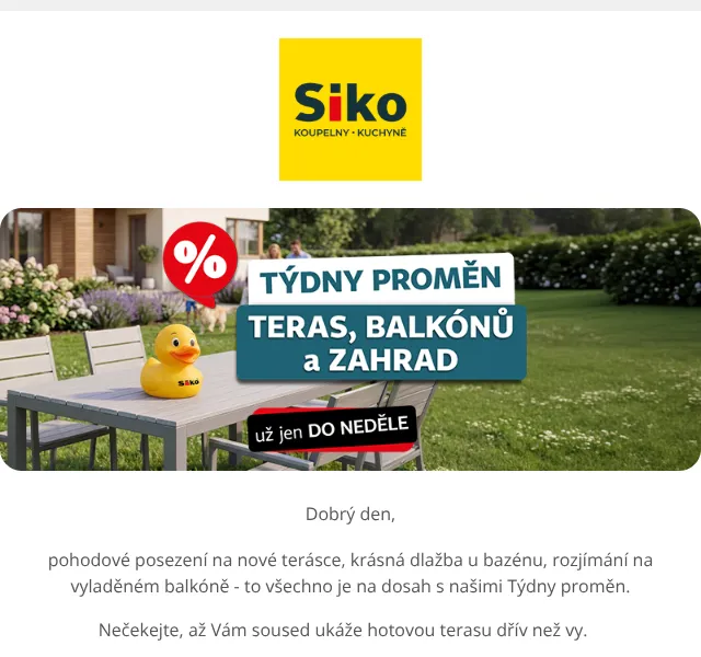 SIKO KOUPELNY: Slevy na terasy až 20 % – duben 2026