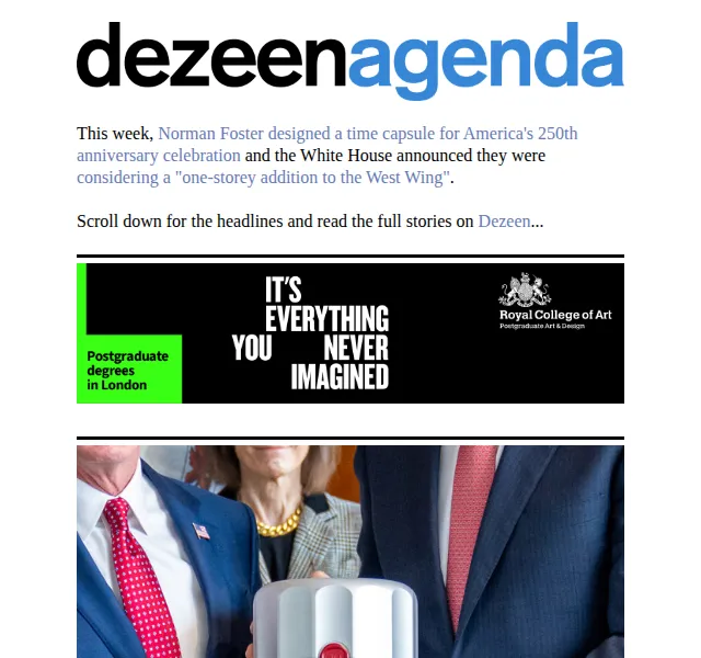 Dezeen Daily: Norman Foster navrhuje kapsli 250 let USA a Will.i.am EV – červen 2026 | Nuslet.cz