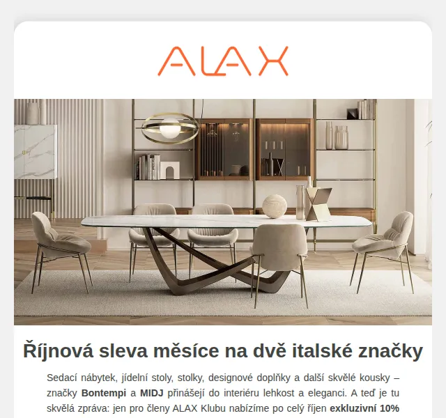 ALAX nábytek: 10% sleva na Bontempi a MIDJ – říjen 2026 | Nuslet.cz