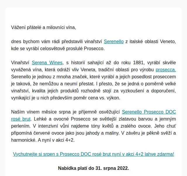 Premier Wines & Spirits: Serenello Prosecco DOC rosé brut – akce 4+2 – srpen 2026 | Nuslet.cz