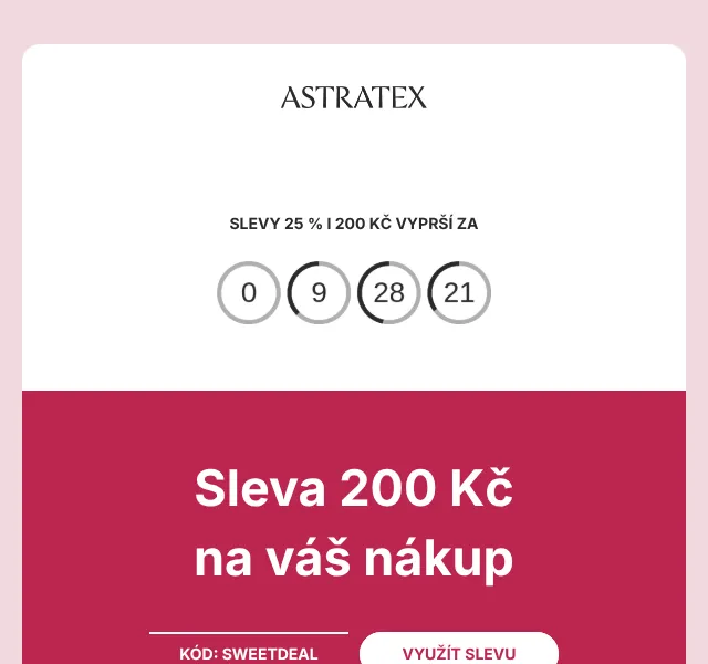 Astratex: slevový kód 25 % Happy Days – září 2026